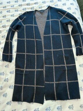 Fortune + Ivy Long Cardigan Black Tan Windowpane Open Front Duster | Size XL